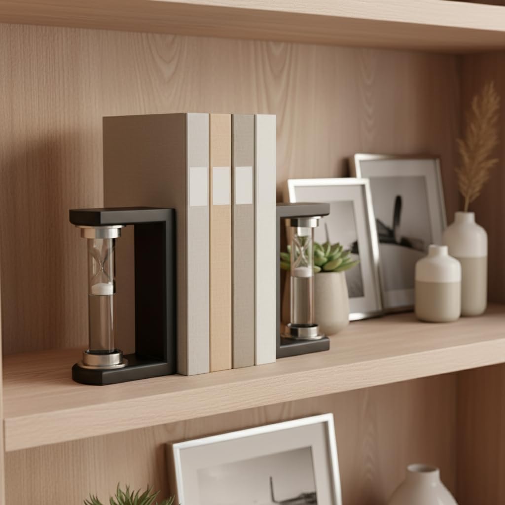 Decorative Hourglass Bookends for Bookshelf Decor - Elegant Book Ends for Book Accessories, Shelf, or Office Decor - Modern Desk Decor, Home Library, or Console Table Decor - Set of 2, 8", Black