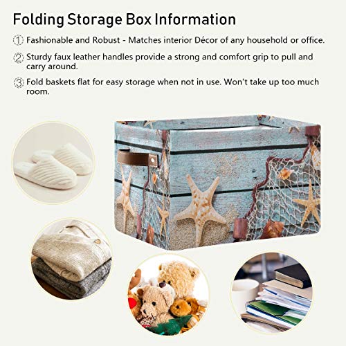 Summer Beach Sand Storage Basket Bin Rustic Wooden Starfish Large Fabric Toys Storage Cube Box With Handles Collapsible Closet Shelf Cloth Organizer Basket For Nursery Bedroom Bathroom #TOP4