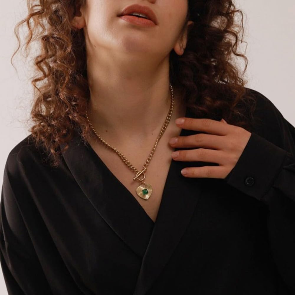 NUZON 18K Gold Heart Station Necklace & Emerald Heart Pendant Necklace