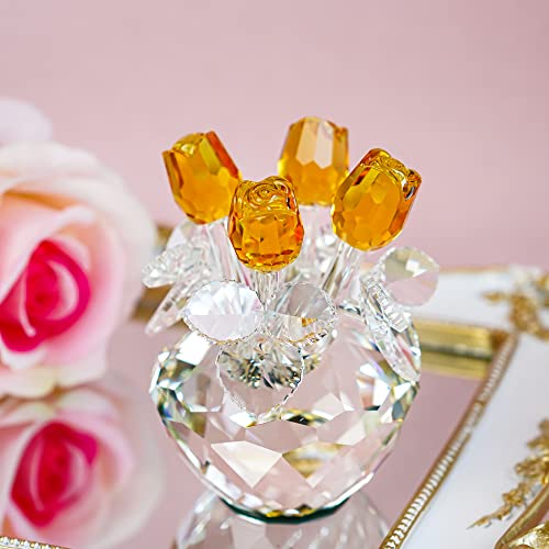 H&D HYALINE & DORA Spring Bouquet Crystal Glass Flowers Yellow Rose Figurine Ornament Gift-Boxed