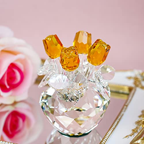 H&D Spring Bouquet Crystal Glass Flowers Yellow Rose Figurine Ornament Gift-Boxed