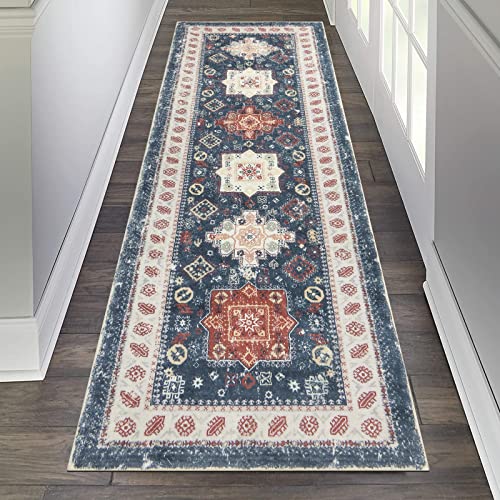Pauwer Runner Rug 2X6 Non-Slip Washable Low-Pile Accent Rug, Vintage Distressed Throw Carpet, Hallway Kitchen Mat Non-Shedding, Living Room Entryway Foyer Bedroom Area Rug(Red/Blue, 2'X6' Ft) #TOP1