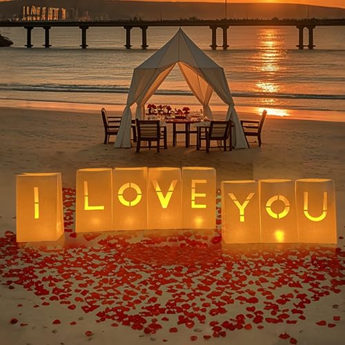 Image of I Love You Sign Letter - I Love You Sign Light Up Letters, Romantic Proposal Anniversary Decorations for Valentines Day Special Night, Luminary Paper Bags with Tea Lights Candles Rose Petals