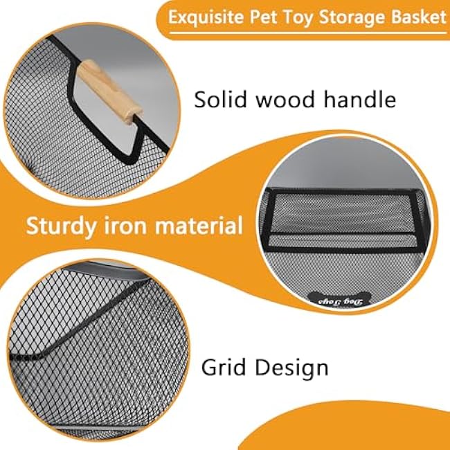 Sturdy Metal Dog Toy Storage with Wooden Handle -Dog Toy Basket medium,Chewproof Pet Organizer,Cat Toy Storage,Blankets & Leashes - Indestructible Durable Farmhouse Home Decor
