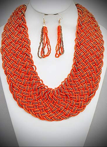 Multi Strand Orange Brown Glass Seed Bead Braided Wide Necklace Earring For Women Statement Chunky Crystal Fashion Jewelry Set