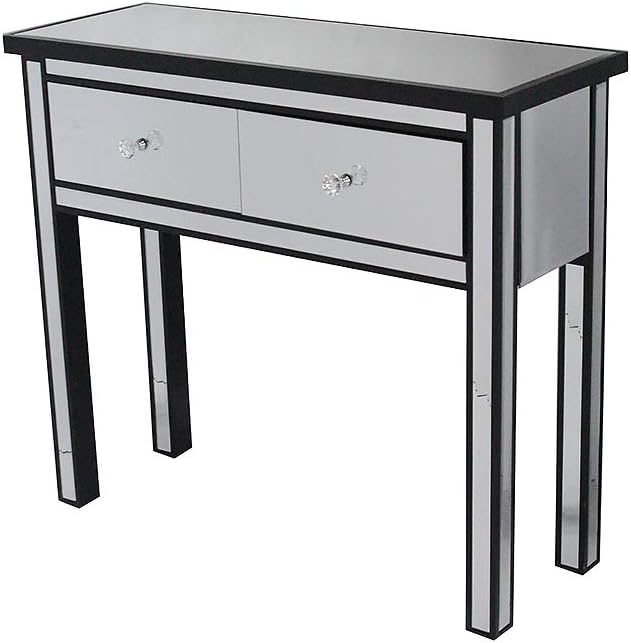 HomeRoots MDF, Wood, Mirrored Glass 15" Black Mirrored Console Table with 2 Drawers