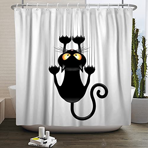 SDOTPMT 140x183cm Black Cat with Sharp Paws Shower Curtain Cute Funny Cat Kitty Bath Curtain White Background Bathtub Curtain for Child Bathroom Decor Fabric Polyester Waterproof with Hooks - Image 3