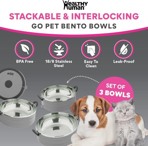 Healthy Human Travel Pet Bento Bowls - Human-Grade Stainless Steel & BPA-Free, Leak-Proof Water & Food Container Set for Dogs & Cats, 3-Pack Interlocking Bowls, Includes Spare Clips & Handle (Gray) - Thumbnail 4
