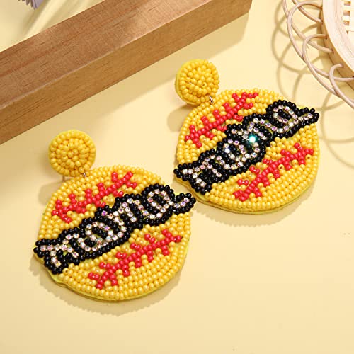 Beaded Baseball Earrings Rhinestone Beaded Mama Baseball Soccerball Basketball Dangle Earrings Handmade Hypoallergenic Sports Game Day Earrings Jewelry For Sports Fan (Yellow Baseball Earrings) #TOP4