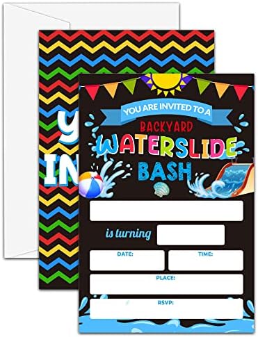 UTESG Waterslide Birthday Party Invitations, Backyard Water Slide Theme Birthday Invitations for Boys Girls, Summer Splash Birthday Party Decorations, Set of 20 Cards with 20 Envelopes (C02)