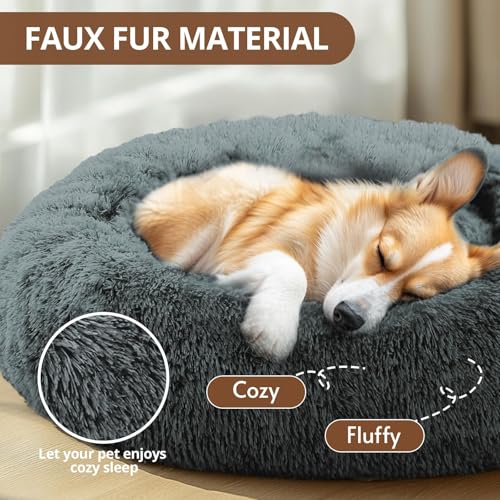 Image of JOLLYVOGUE Calming Dog Bed Medium Size Dog, Anti-Anxiety Donut Medium Pet Bed, 27 inches Fluffy Faux Fur Round Cat Bed (Navy Grey)