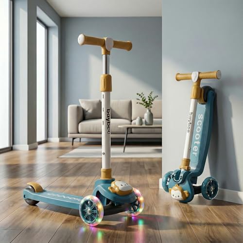 Image of Baybee Rovix Kick Scooter for Kids | Foldable Skate Scooter with 3 Height Adjustment Handle & LED Light Wheels | 3 Wheel Baby Scooter with Rear Brake | Kids Scooter for 2 to 10 Years Boy Girl (Green)