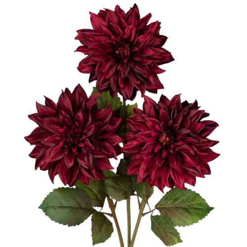 Hollyone 3Pcs Dark Red Fake Dahlia Flowers Fall Flowers Artificial for Decoration Silk Flower with Long Stem 28' Floral Arrangements Bouquets Autumn Faux Dahlias Centerpieces Fall Decorations for Home