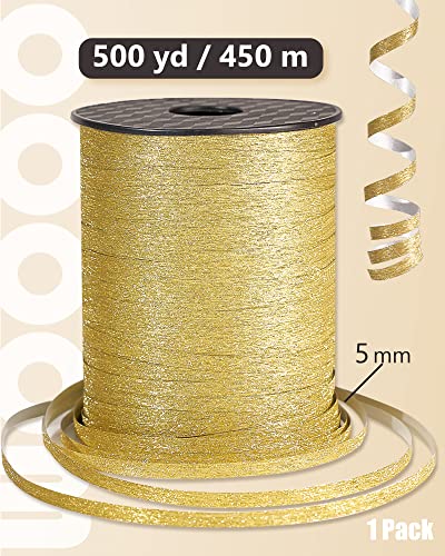 Image of PartyWoo Gold Ribbon, 500 Yard, Curling String Balloon Thin Gift Glitter Ribbon for Gift Wrapping Balloons Presents Floral Graduation Christmas Birthday Wedding Party Decorations (1 Roll)