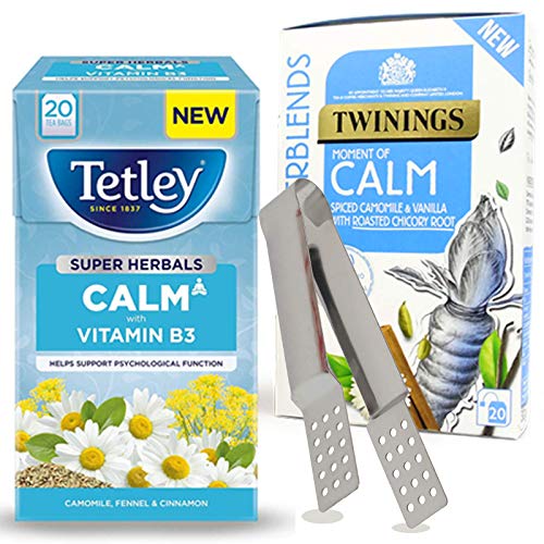 Tetley And Twinings Combo | 1 x Tetley Calm Manzanilla, hinojo y canela 20 bolsas de té | 1 x Twinings Superblend Calm Envelope 20 sobre | (40 bolsas de té en total) incluido con colador de té Cover