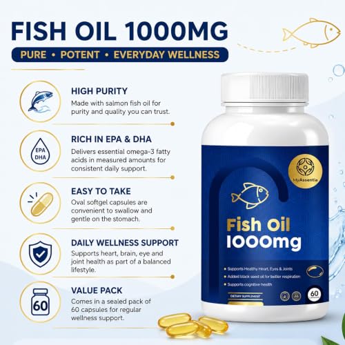 Image of Omega-3 Fish Oil 1000mg with EPA 180mg and DHA 120mg, Salmon Fish Oil Supplement for Heart Brain and Joint Health, High Purity Softgel Capsules for Daily Wellness Support, 60 Oval Capsules Pack of 1