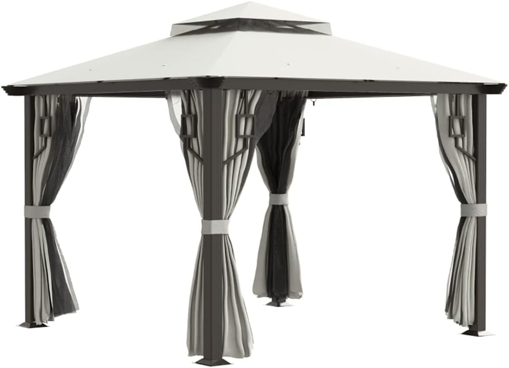 10' X 10' Patio Gazebo Outdoor Canopy Shelter with Tier Roof, Netting and Curtains, Cream White