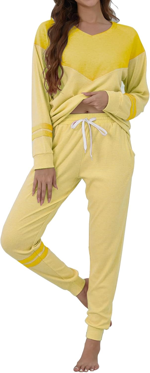 Womens Pajamas Sets Block Color V Neck Long Sleeve Tops with Striped Pullover and Casual Long Pants with Pockets