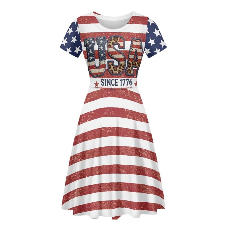 Image of Irisjudy T Shirt Dress for Women Short Sleeve Girls Short Sleeve Dress Plus Size, O Neck Knee Length Midi Dress for Ladies