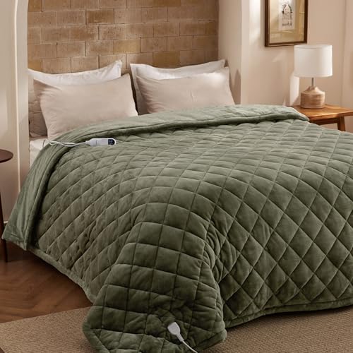Image of Bedsure Electric Blanket Full Size - Quilted Heated Blanket Full, Soft Flannel Thick Heating Blanket with 10 Time Settings & 6 Heat Settings, Warm Gifts for Women Men (72x84 inches, Olive Green)