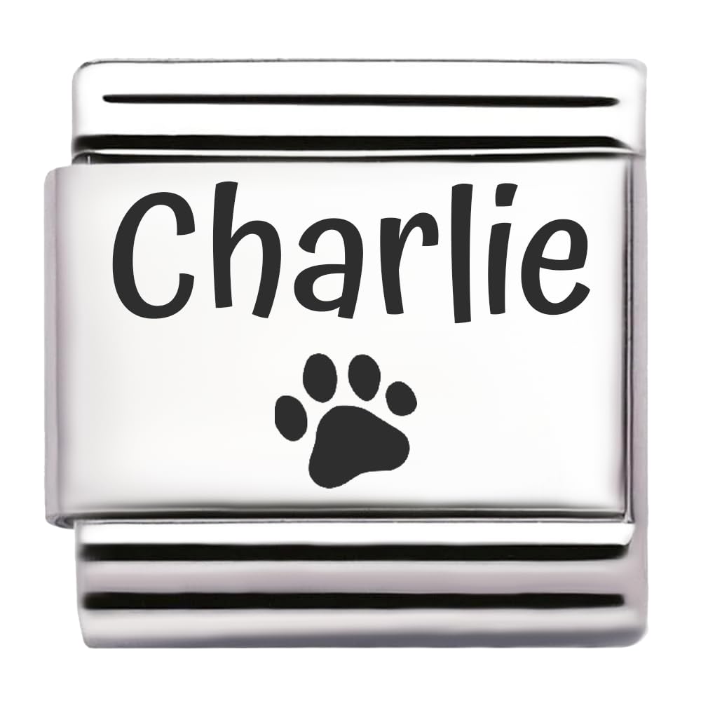 Pet Paw Name Personalised Custom Engraved Italian Charm Fits All 9mm Bracelet Links. Dog or Cat (Charlie)