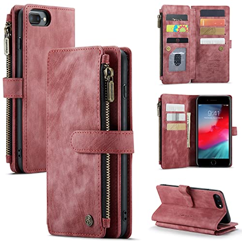 Ueebai Wallet Case For Iphone 7 Plus/Iphone 8 Plus, Premium Handmade Pu Leather Phone Case Card Slots Magnetic Closure Zipper Pocket Kickstand Cover Vintage Shockproof Flip Case - Wine Red #TOP12