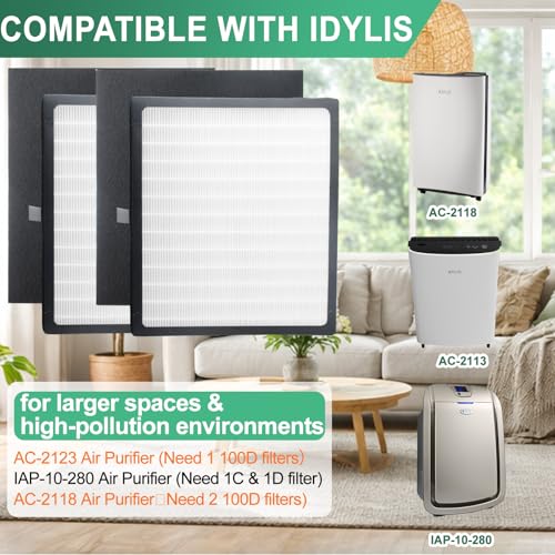 Image of Gekufa Replacement Filter D Compatible with Idylis IAF-H-100D, IAP-10-280, 1AP10280, AC-2118, AC-2123 for Idylis Air Purifiers Include 2 Filters & 2 Carbon Filters
