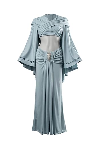 Cosfun Cosplay Costume Tops with Cape Skirts Outfits Women's 2 Piece Skirt Set Padme Blue Dress for Halloween - Blue - S