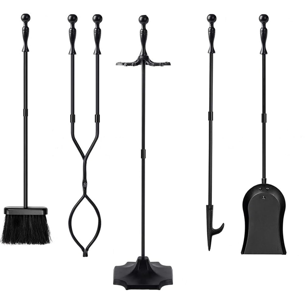 Amagabeli 26.5"(67.3cm) 5 Pcs Fireplace Tools Sets Black Handle Wrought Iron Large Fire Tool Set and Holder Outdoor Fireset Fire Pit Stand Indoor Rustic Tongs Shovel Antique Brush Chimney Poker Wood Accessories Kit