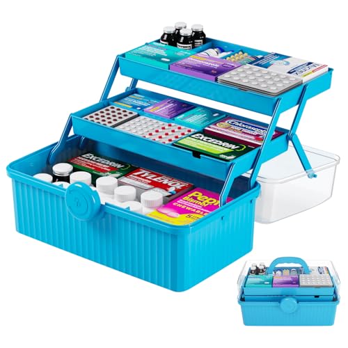 Yieach 13.3in 3-Layer Multipurpose Craft Storage and Sewing Box,Plastic Folding Box for Medication/First aid/Medicine/Craft/Ivf Medication Organizer and Art Supplies Storage,Blue