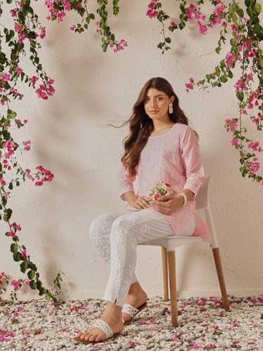 Image of Ada Hand Embroidered Lucknow Chikankari Straight Round Neck Cotton Blend Short Kurti Tunic Top for Women A911333