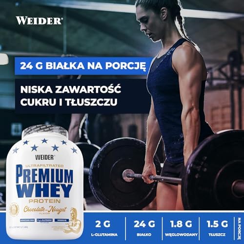 Weider Premium Whey Protein. Koncentrat i izolat białka serwatki. Z L-glutaminą i witaminą B6. Czekolada-Nugat (1 x 2.3 kg).