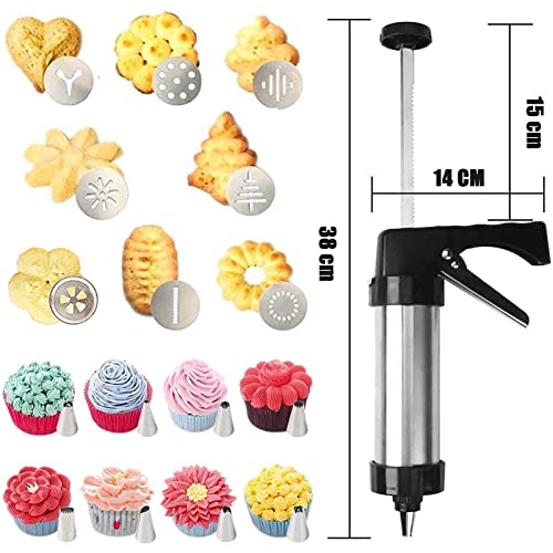 Foto von TSQZE Gebäckpresse Gebäckspritze, Plätzchenpresse Kekspresse Garnierspritze Set, Tragbar Einhand-Keksmaschine DIY Backzubehör Mit 8 Schablonen Und Tüllen Für Teig, Kuchen Kekse