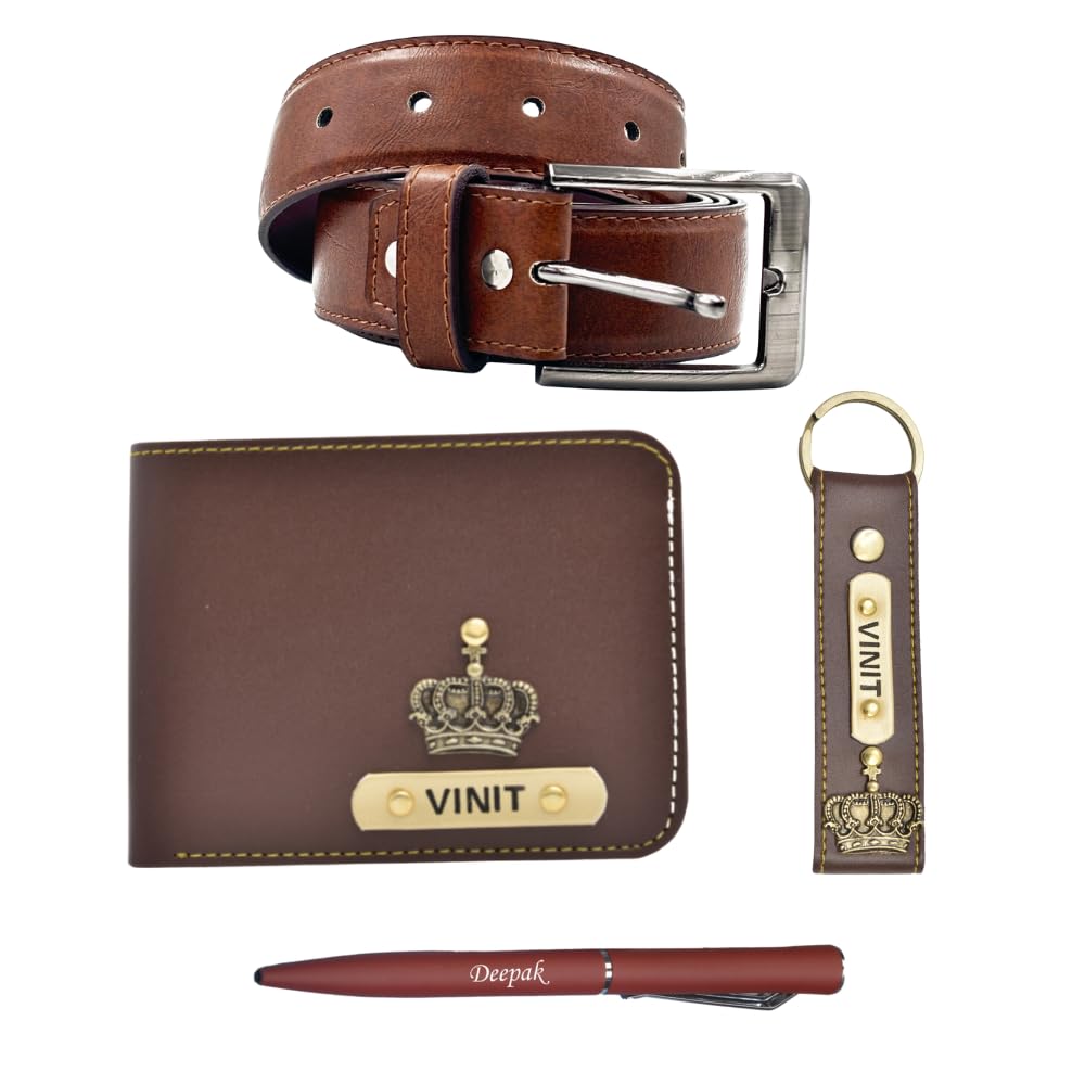 Leather Men's Wallet, Belt, Keychain and Pen Combo | Customized Men's Gift Set with Name & Charm | Personalized Leather Wallet Birthday Gift for Men (Brown)-image-7