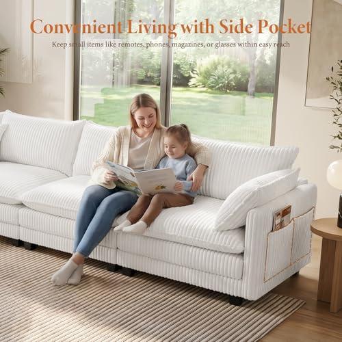 Image of Vesgantti 143 inch Modular Sectional Sofa for Living Room, Comfy Corduroy Upholstered L Shaped Modular Sectional Couches, Modern Cloud Couch with Ottoman Deep Seat, Warm White