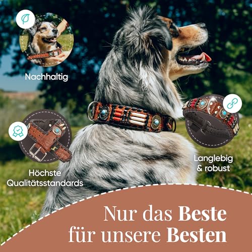 MICHUR Carlota Halsband Indianer, Hundehalsband Leder Braun, Lederhalsband Hund, Halsband, MIT TÜRKISEN Steinen, in verschiedenen Größen erhältlich