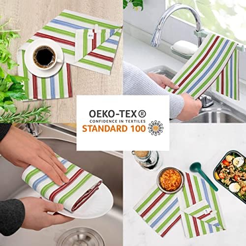 HomeKnit 100% Cotton Tea Towels for Kitchen Machine Washable Dish Towels Lint-Free Stripes - Green - Red