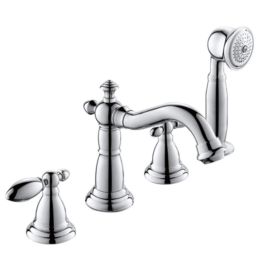 BHGFYXBS Bathtub Faucet With Hot And Cold Water Deck Mounted Brass Bathtub Shower Mixer Tap 3 Handles 5 Holes Bathtub Faucet Set With Handheld Shower,Gold,Chrome