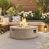 GDFStudio 38.2' MgO Round Propane Fire Pit Table with Vertical Stripe, 50000 BTU Outdoor Tabletop Fire Pit with Steel Burner, Adjustable Flame Control, Lava Rocks, Cover for Backyard Patio Deck, Brown
