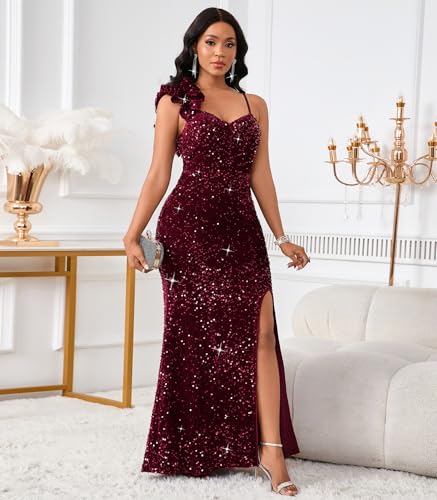 Image of Cololura Women Sexy Elegant Sequin High Split Ruffled Hem Mermaid Party Cocktail Bodycon Formal Evening Gowns Maxi Dress