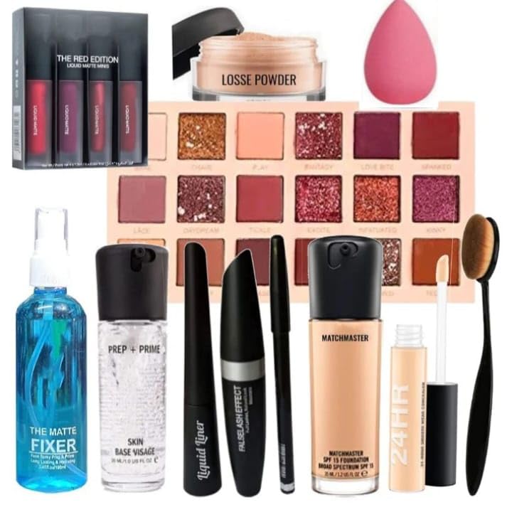 Make Up Kit, 15 Items Cosmetics Combo, Multi-Ingredient Formula, Easy Blending Application, Glossy Finish, Full Coverage, Cream Form, Face Makeup, Medium Tone, Combination Skin