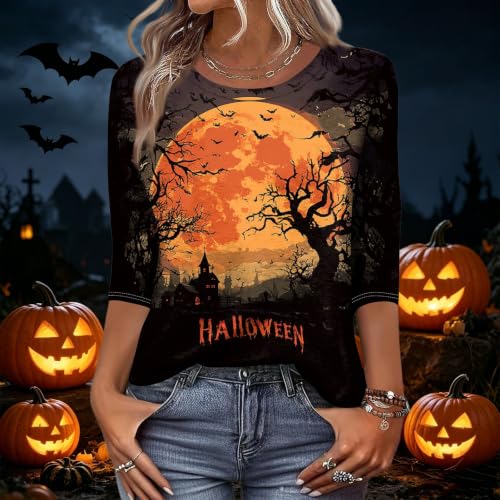 Image of Women Spooky Halloween Graphic Shirt 3 /4 Length Sleeve Crewneck Top | Halloween Funny Printed Pumpkin Plus Size Tshirts 2026 Fall Outfits Skeleton Tee Going Out Tops
