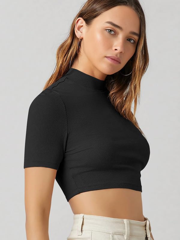 Image of Dream Beauty Fashion Women's High /Turtle Neck Short Sleeves Stylish Casual Crop Top, 17 Inches