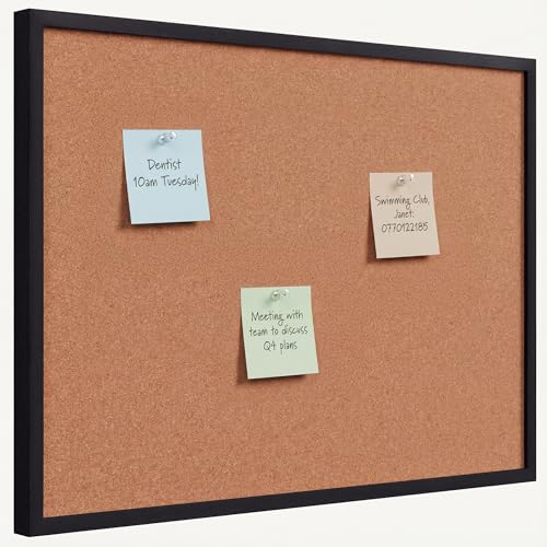 Cork Board 44CM x 33CM Pin Board Notice Office Memo School with Clear Push Pins Black Coloured Wooden Frame Board