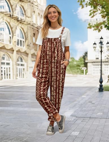 Image of YESNO Women's Overalls Cotton Boho Casual Floral Bib Jumpsuit Baggy Adjustable Strap Romper with Pockets PVV