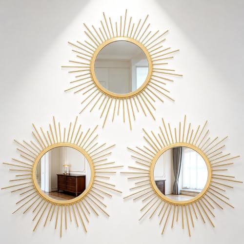 HMANGE Gold Sunburst Mirror Set of 3, 3PCS Metal Round Decorative Wall Mirrors, Starburst Accent Mirror Wall Decor for Living Room, Bedroom, Entryway, Hallway & Bathroom