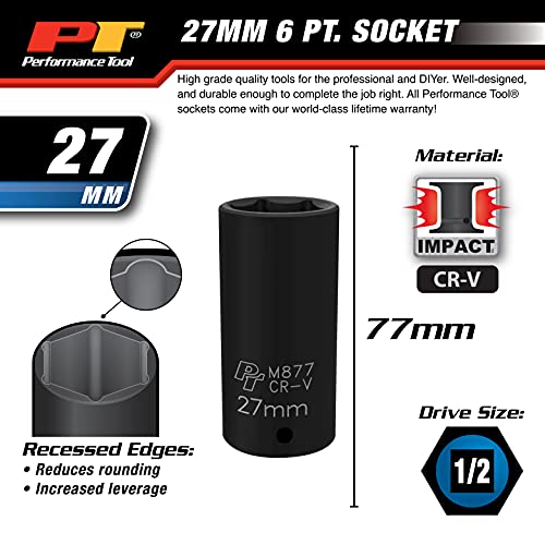 Performance Tool M877 1/2" Drive 6Pt Impact Socket, 27Mm #TOP5