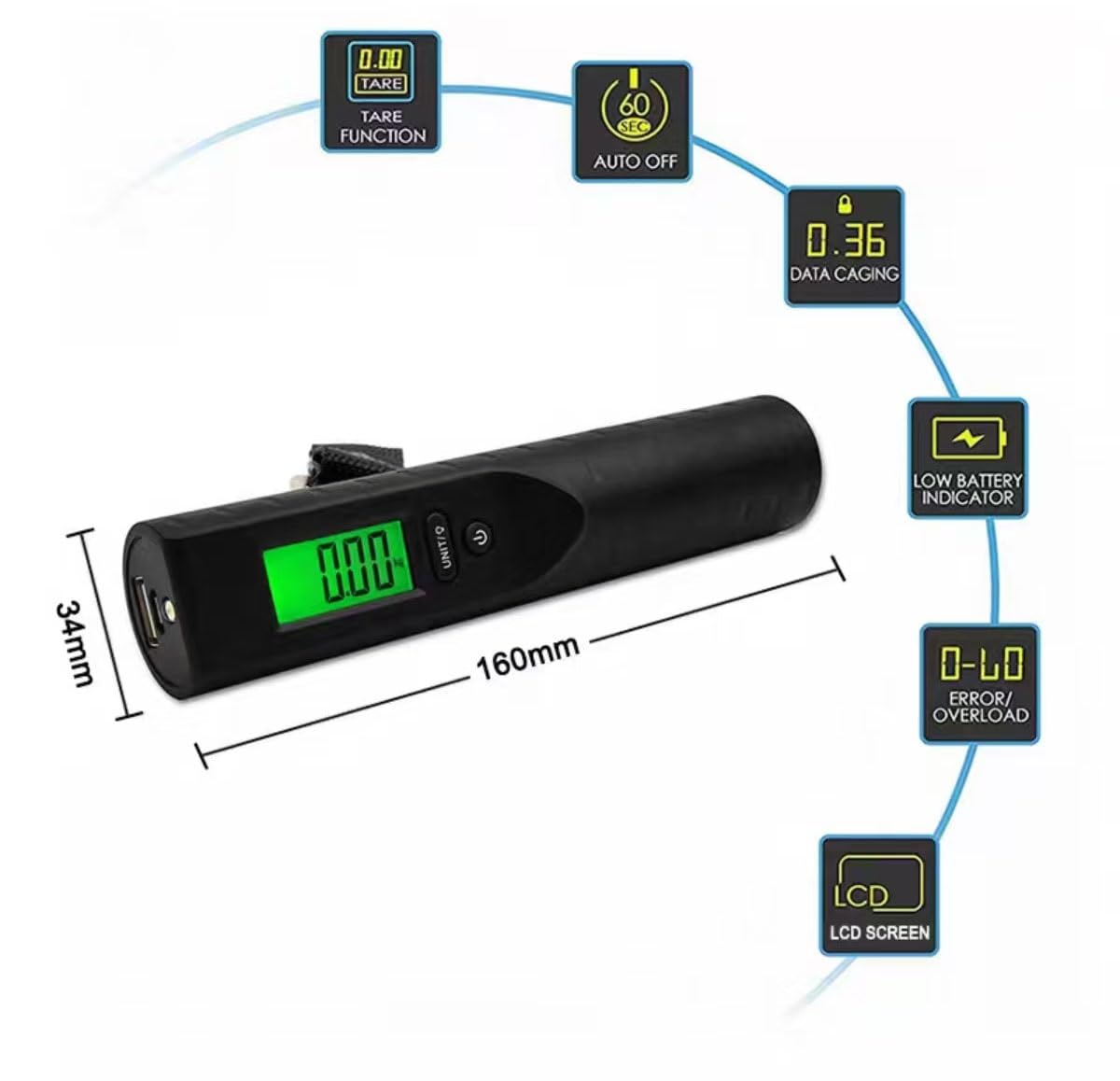 Báscula electrónica for equipaje, báscula for maletas, báscula digital portátil con pantalla LCD retroiluminada, ideal for viajes y equipaje.