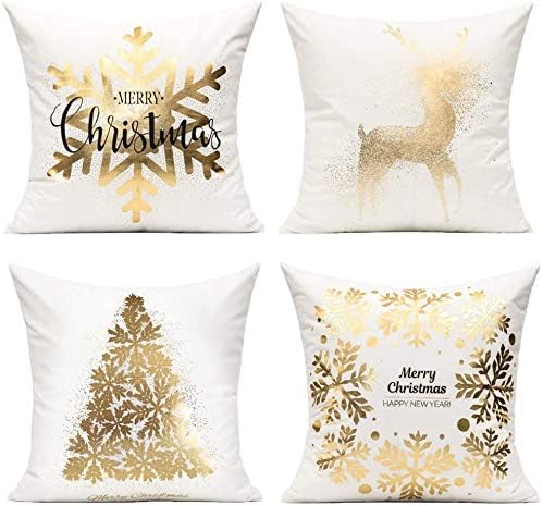 All Smiles Christmas Throw Pillow Covers Cases 16X16 Set of 4 White Gold Christmas Decorations Winter Xmas Indoor Home Holiday Décor Ornaments Velvet Navidad Cushion for Sofa Tree Snowflake Reindeer