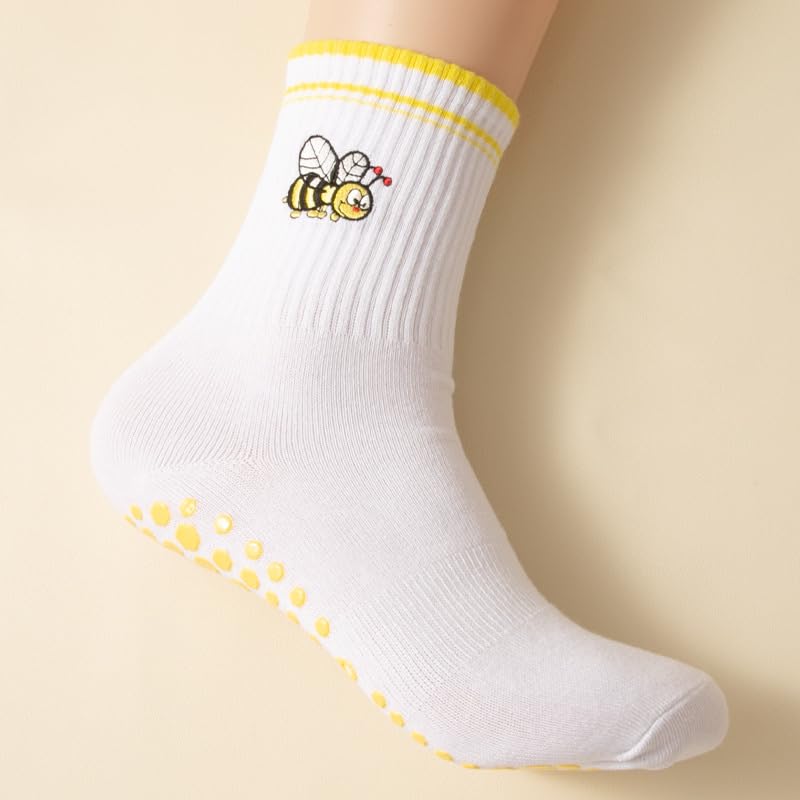 Non-Slip Yoga Socks with Bee Embroidery, White Cotton Crew Length, Yellow Grip Dots, Athletic Sports Stockings4